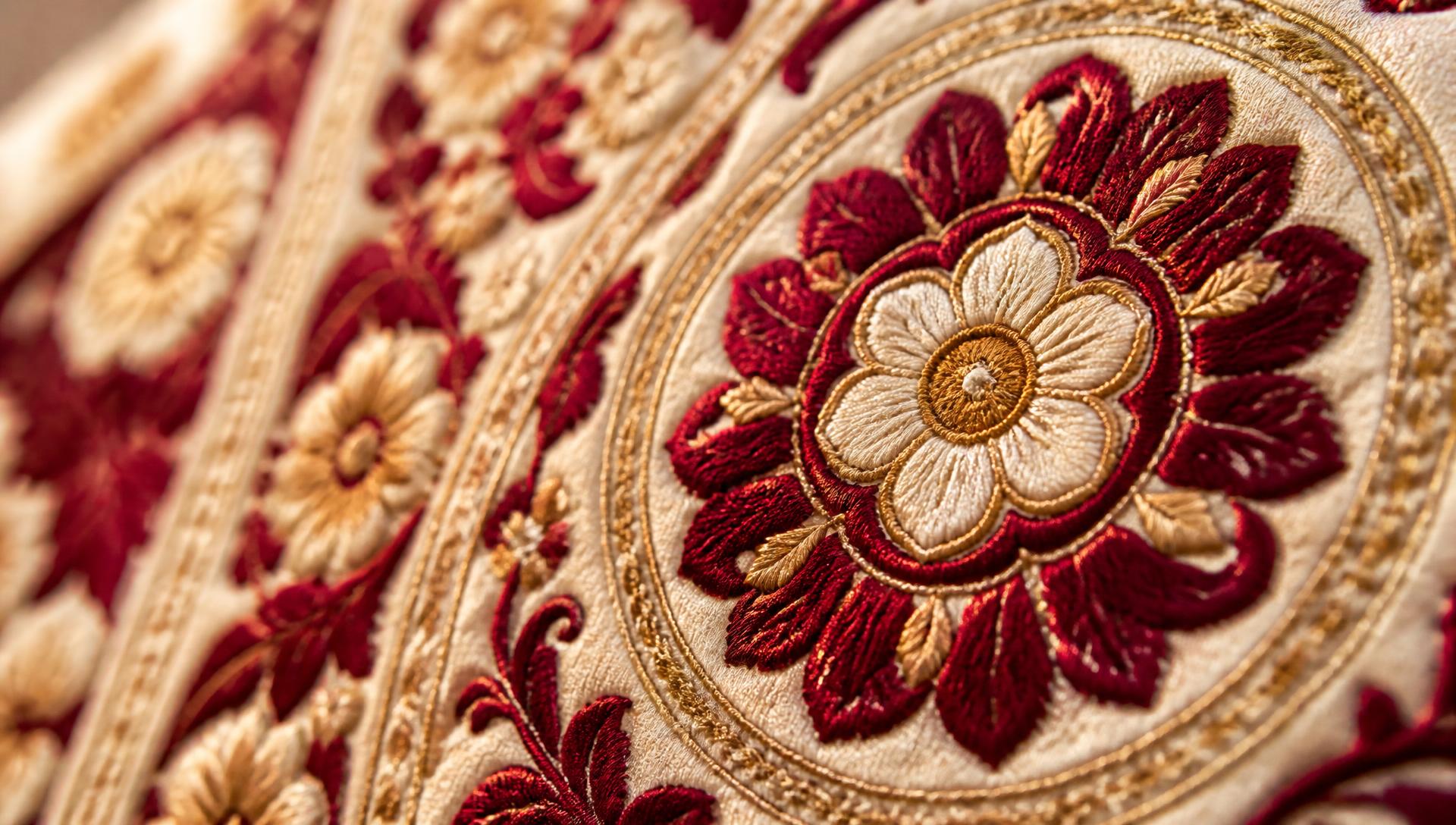 Traditional Uzbek hand embroidery in burgundy and gold thread